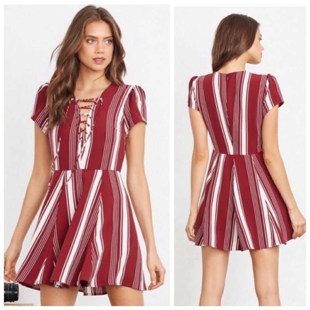 Lovers + Friends Red And White Striped Lace‎ Up Compass Mini Dress